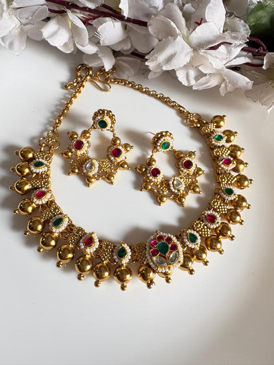 Gold Matt Kundan Kolhapuri Necklace Set with Matching Kundan Tops | Handcrafted Brass Ethnic Jewellery  Limited Edition | Alankrent by Alankrent