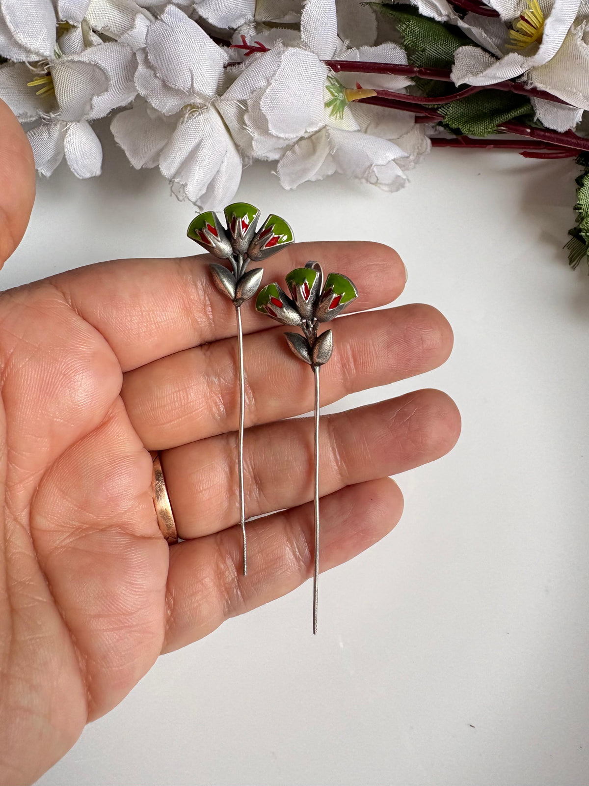 Pushpika Handpainted SLA Needle Earrings | Floral Long Statement Earrings
