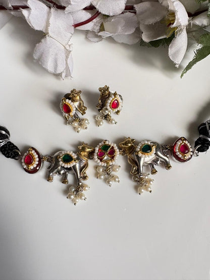 Nandini Kundan Nandi Choker Set with Earrings | Traditional Temple Jewellery