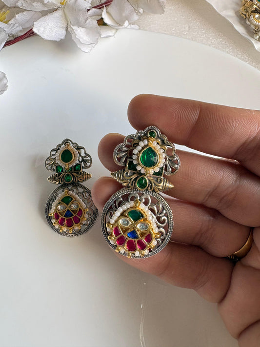 Alankrent Shringar Fusion Stud Danglers German Silver Oxidised Earrings With Kundan Meenakari by Alankrent