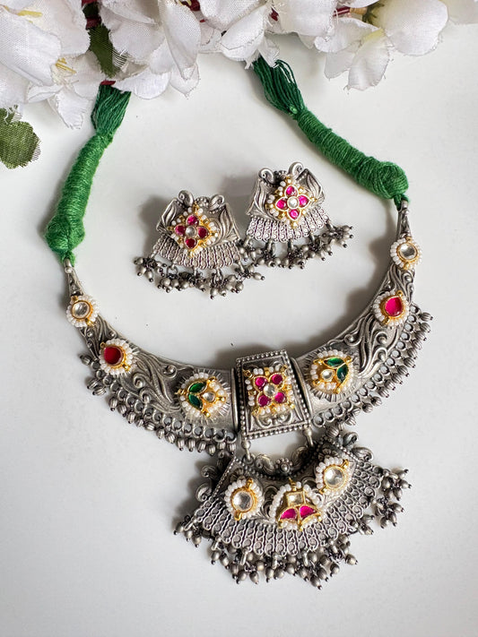 RangMahal Premium SLA Kundan Necklace Set | Thread Fusion Dualtone Statement Jewellery with Earrings