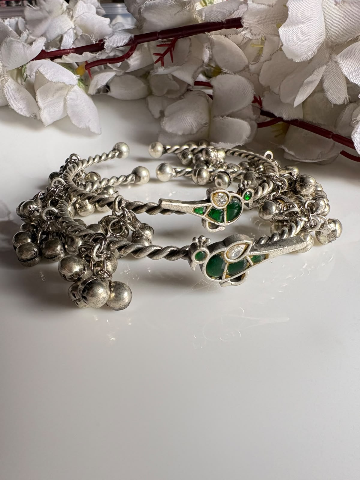 Pakshika Ghungharu Silver Tone Bangles | Flexible Bird Kundan Fusion Bangles for Women (Pair)| Alankrent Luxe