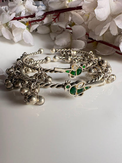 Pakshika Ghungharu Silver Tone Bangles | Flexible Bird Kundan Fusion Bangles for Women (Pair)| Alankrent Luxe