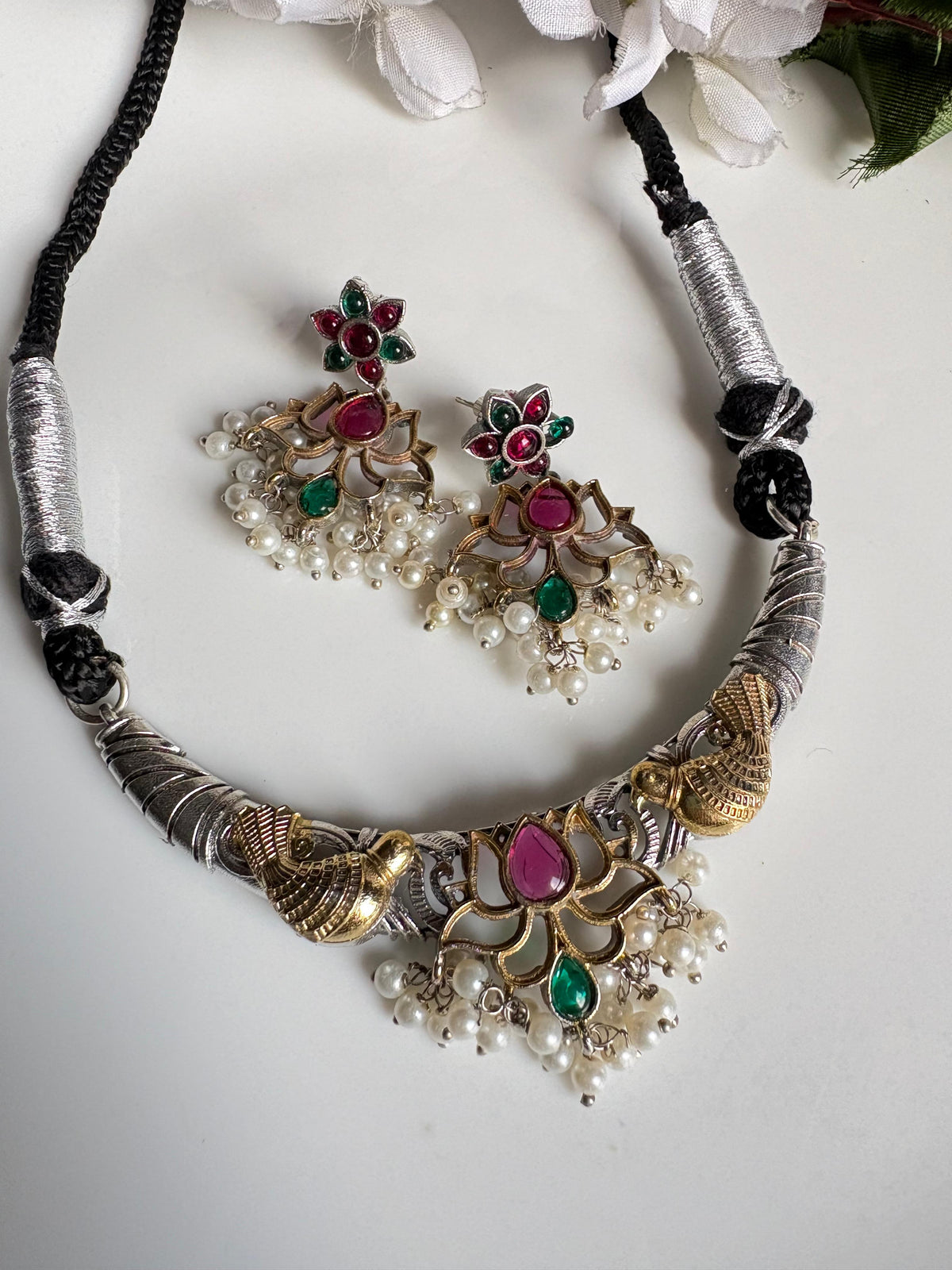 Mayurika Dualtone Thread Necklace Set with Lotus Pendant & Earrings