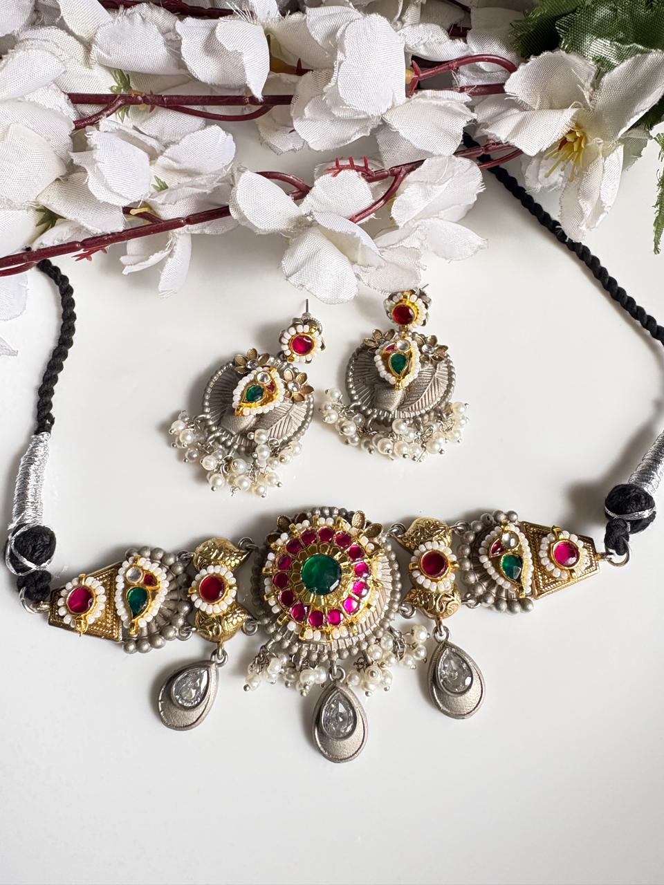 Rajsi Gulnaar Kundan Choker Set – Limited Edition SLA Silver Look Alike Necklace with Earrings
