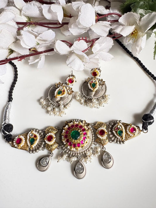 Rajsi Gulnaar Kundan Choker Set – Limited Edition SLA Silver Look Alike Necklace with Earrings