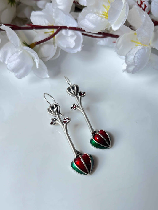 Hand Painted Hook Earrings Dual Tone Heart Drop Earrings Red Green Pink Black Variants Alankrent