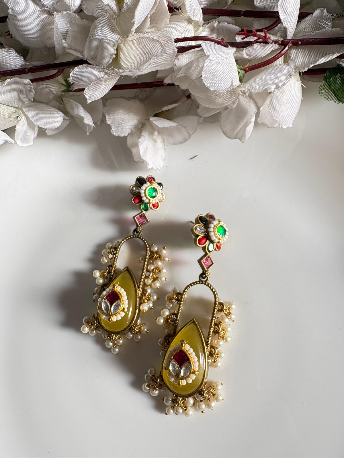 Kundan Fusion Long Earrings With Pearl Drops Brass Base Festive Statement Wear Alankrent Ak Kfle by Alankrent