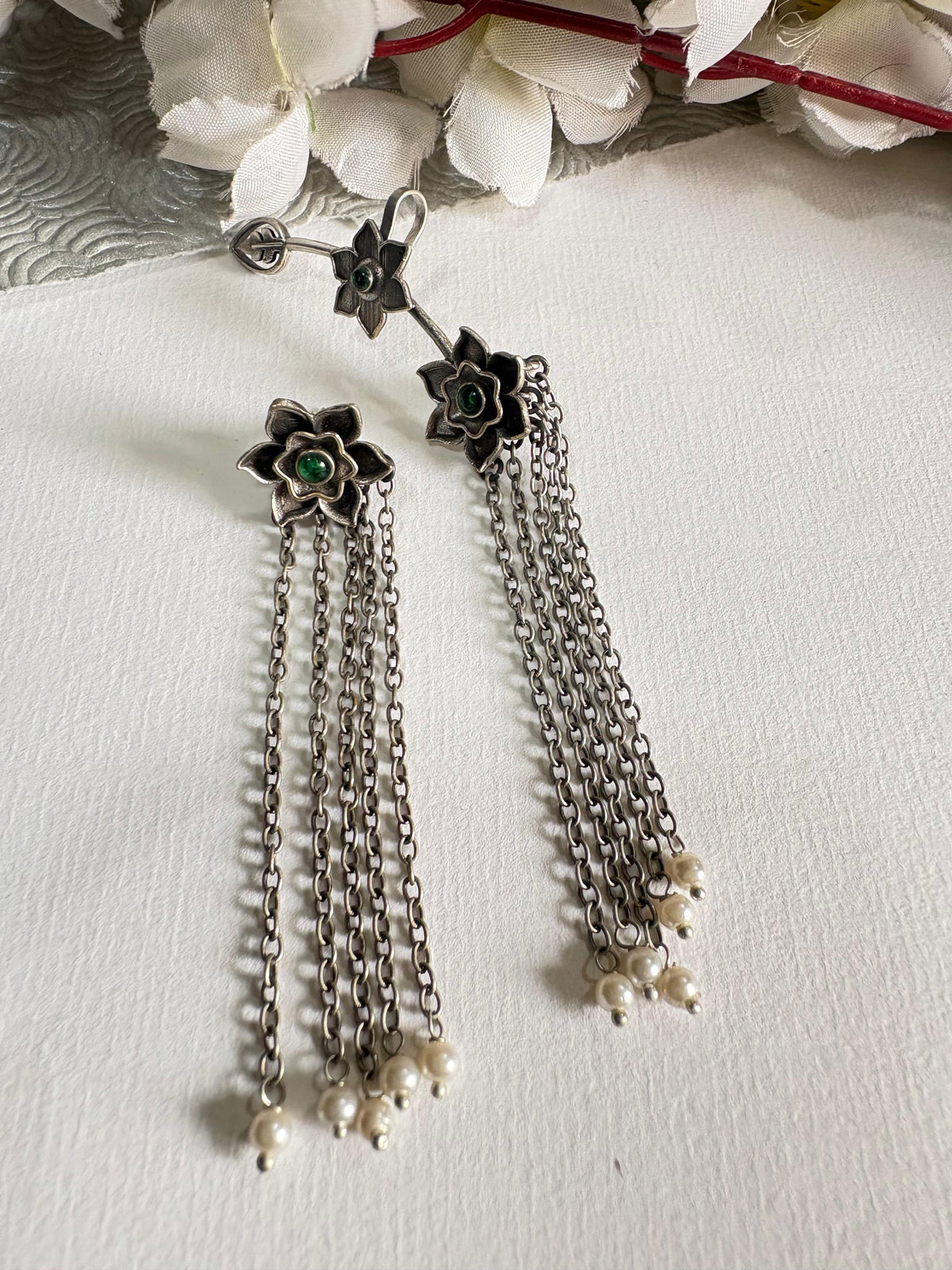 Phooljaal Stone Tassel Bugadi Ear Cuff with Pearl Drops Premium SLA Jewellery