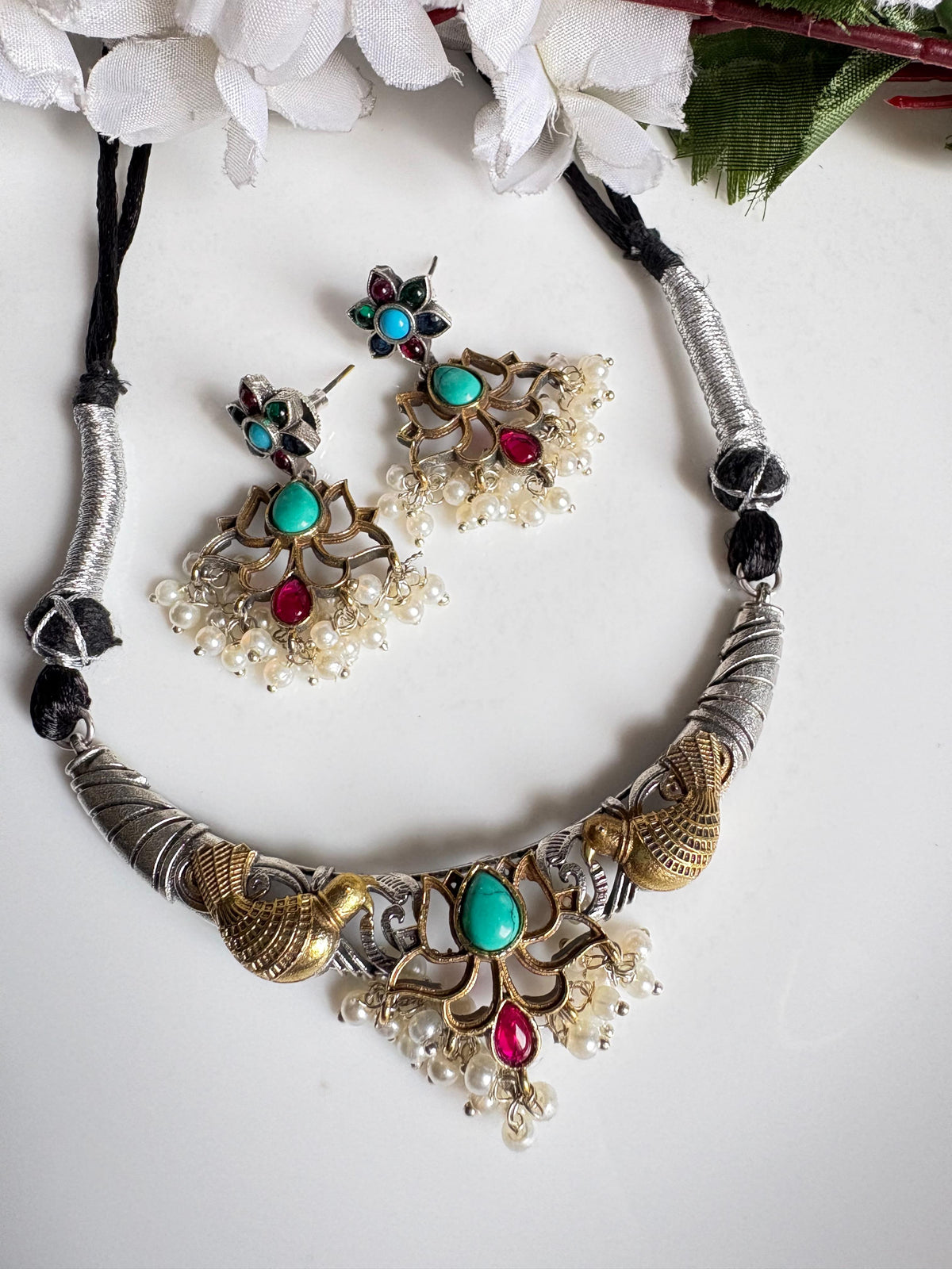 Mayurika Dualtone Thread Necklace Set with Lotus Pendant & Earrings
