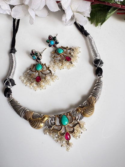 Mayurika Dualtone Thread Necklace Set with Lotus Pendant & Earrings