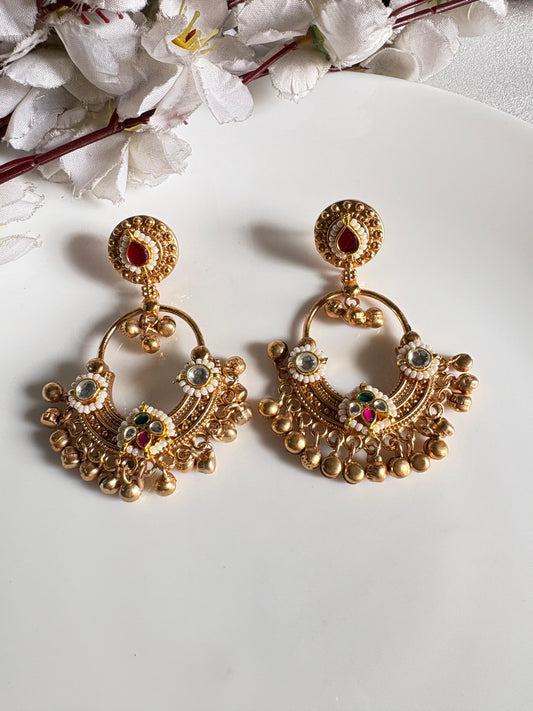 Gold Matt Kundan Chandbali Earrings with Pearl & Stone Detailing | Festive Statement Jewellery by Alankrent