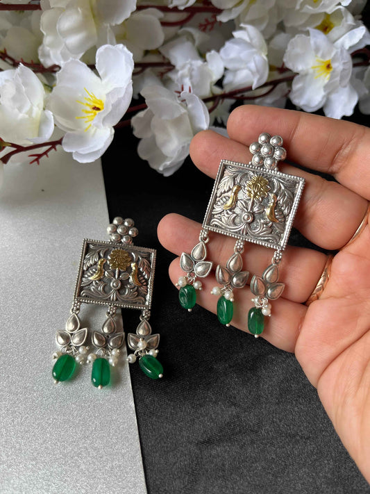 Premium SLA Dual Tone Statement Earrings Blue and Green Stone Drop Earrings Silver Polish Alankrent