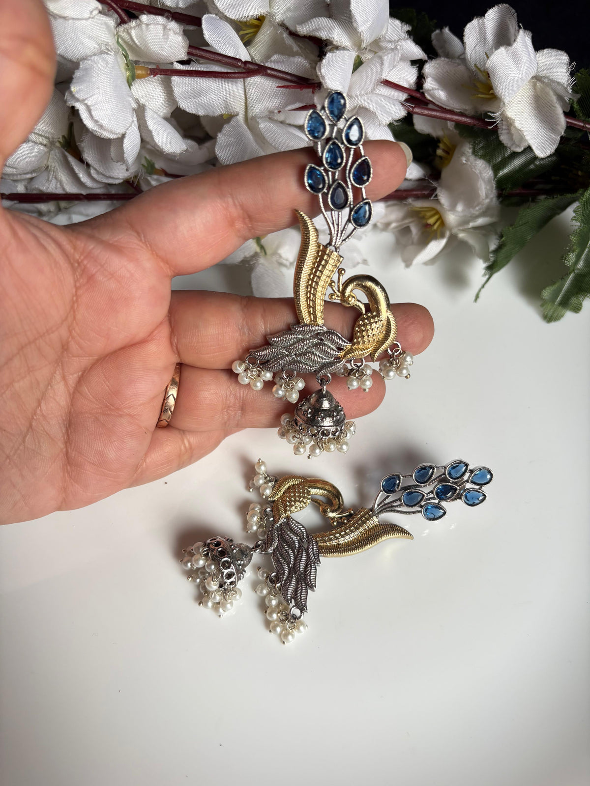 Mayurika Dual-Tone Peacock Jhumka Earrings | Indian Peacock Statement Jhumka Jewellery