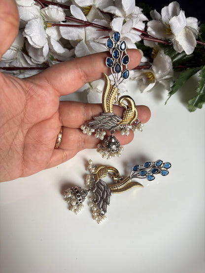 Mayurika Dual-Tone Peacock Jhumka Earrings | Indian Peacock Statement Jhumka Jewellery