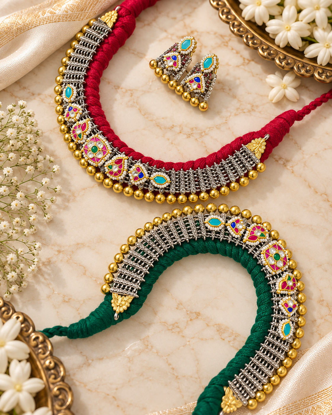 Vasundhara Ratnavali German Silver Meenakari Necklace Set with Earrings | Multicolour Traditional Indian Jewellery
