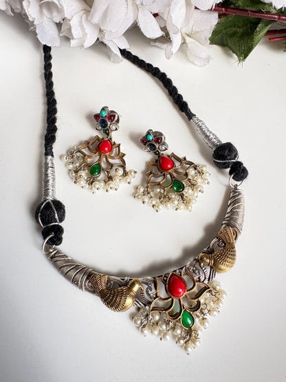 Mayurika Dualtone Thread Necklace Set with Lotus Pendant & Earrings