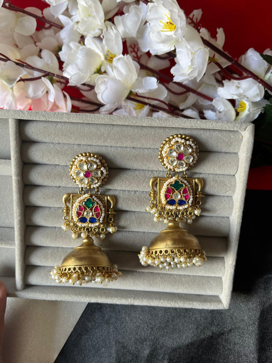 Navya Pachi Kundan Pearl Bridal Jhumka Earrings by Alankrent