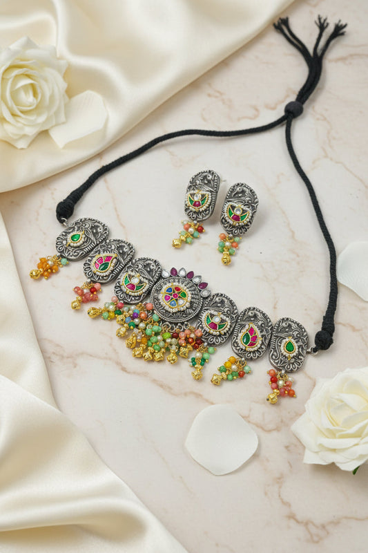 Rangmahal German Silver Neck Hugging Choker Set with Earrings – Colourful Kundan Fusion Traditional Choker for Women
