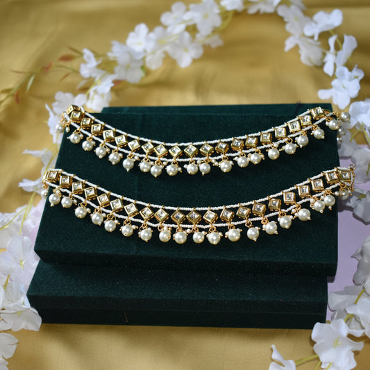Suhana Handcrafted Pacchi Kundan Payal with Pearl Drops Bridal Anklet in Brass and German Silver Traditional Rajasthani Jewellery | Premium Indian Jewellery