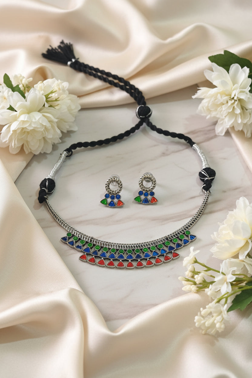 Rangrez Afghani Multi Mirror Hasli Necklace Set | Oxidised Silver Navratri Jewellery