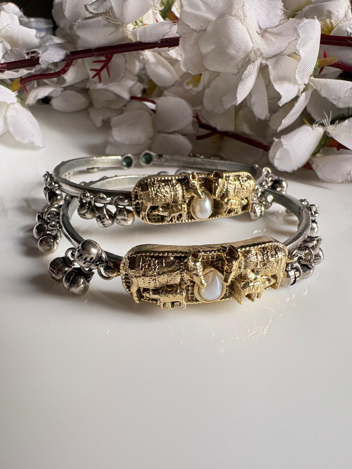 Vrishanandi Nandi Dual Tone Flexible Kada Bangles | Silver Tone Ghungharu Kada for Women | Alankrent Luxe