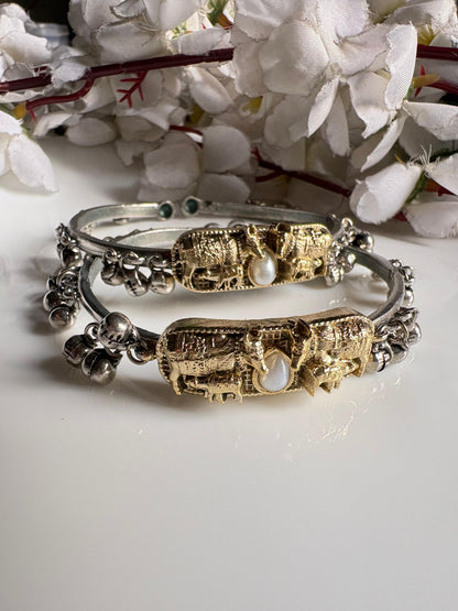 Vrishanandi Nandi Dual Tone Flexible Kada Bangles | Silver Tone Ghungharu Kada for Women | Alankrent Luxe