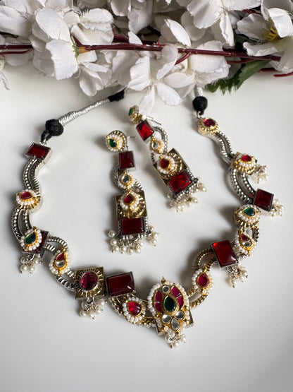 Noorva SLA Dual Tone Hasli Necklace Set – Budget Friendly Kundan Fusion Necklace with Long Earrings