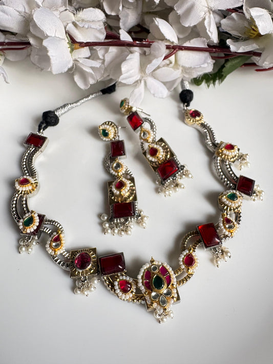 Noorva SLA Dual Tone Hasli Necklace Set – Budget Friendly Kundan Fusion Necklace with Long Earrings