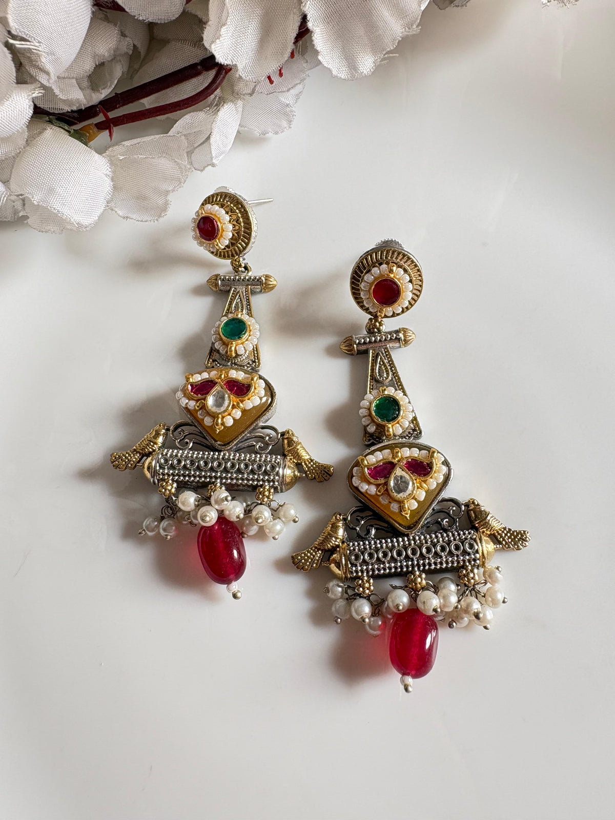 Gulnaar Pakshi Dualtone Kundan Earrings with Pearl Hangings & Pink Stone Drop | Festive Statement Jewellery | Alankrent by Alankrent