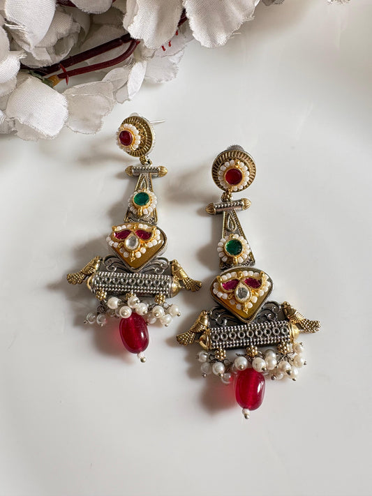 Gulnaar Pakshi Dualtone Kundan Earrings with Pearl Hangings & Pink Stone Drop | Festive Statement Jewellery | Alankrent by Alankrent
