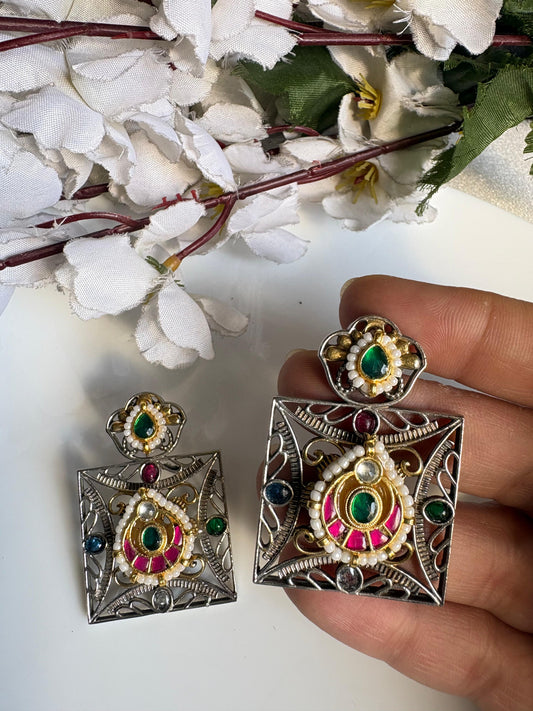 Square Kundan Stone SLA Fusion Earrings with Pearl Detailing | Traditional Statement Earrings by Alankrent