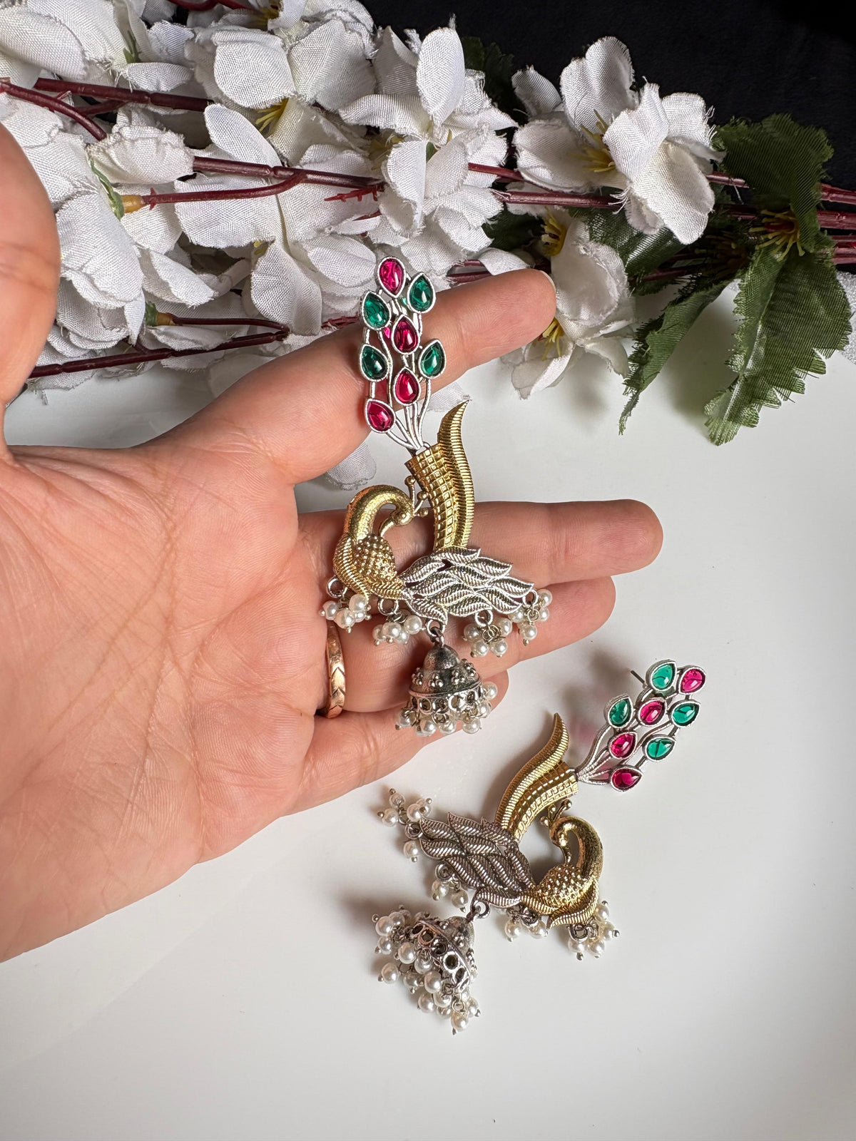 Mayurika Dual-Tone Peacock Jhumka Earrings | Indian Peacock Statement Jhumka Jewellery
