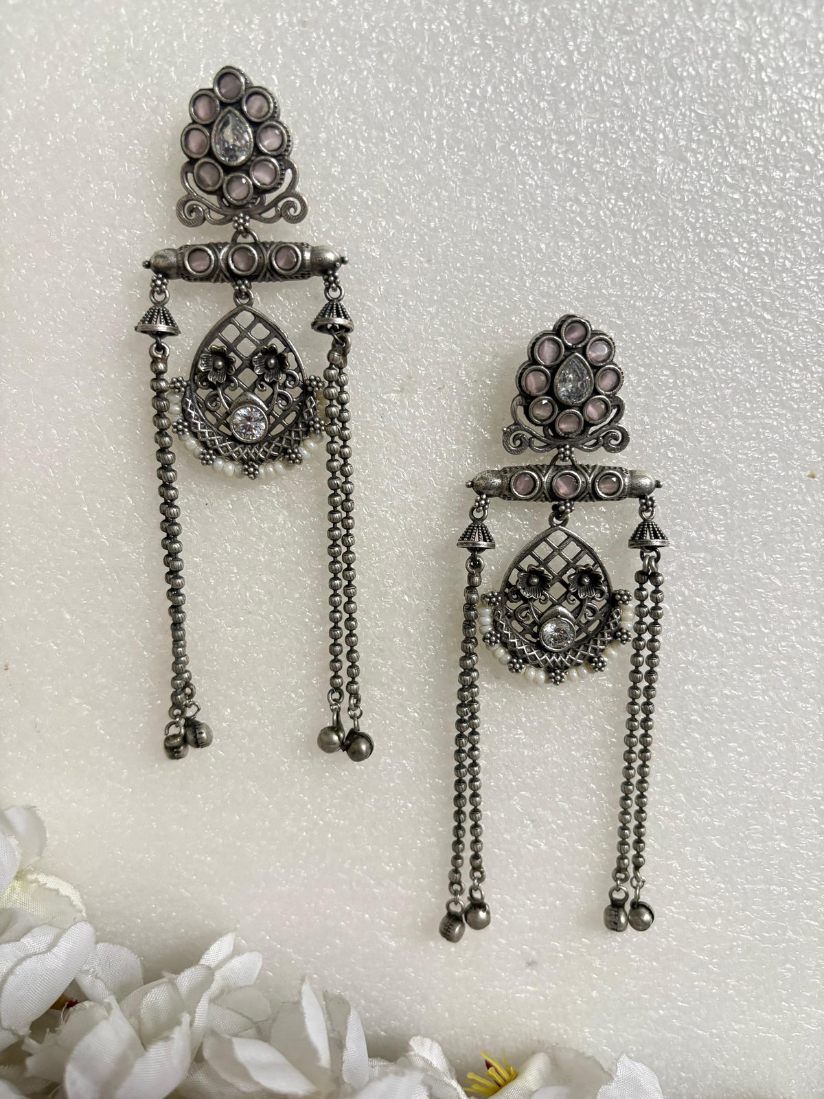 Noor Antique Stone Tassel Earrings
Handcrafted Antique Silver Long Earrings | Stone Tassel Earrings | Heritage Statement Jewellery