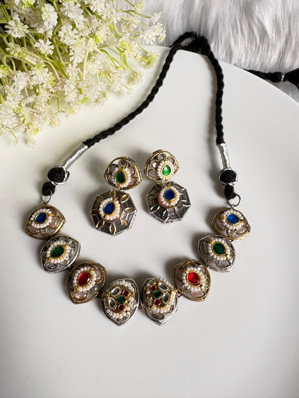 Mayura Kundan Fusion Choker with Earrings | Dual-Tone SLA Brass Base Imitation Jewellery | Navratri