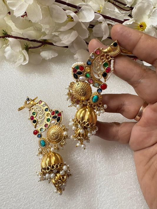 Mayura Ratnavalli Heritage Ear Cuffs
|Temple Gold Long Designer Jhumka Ear Cuffs with Intricate Filigree & Pearl Drops by Alankrent