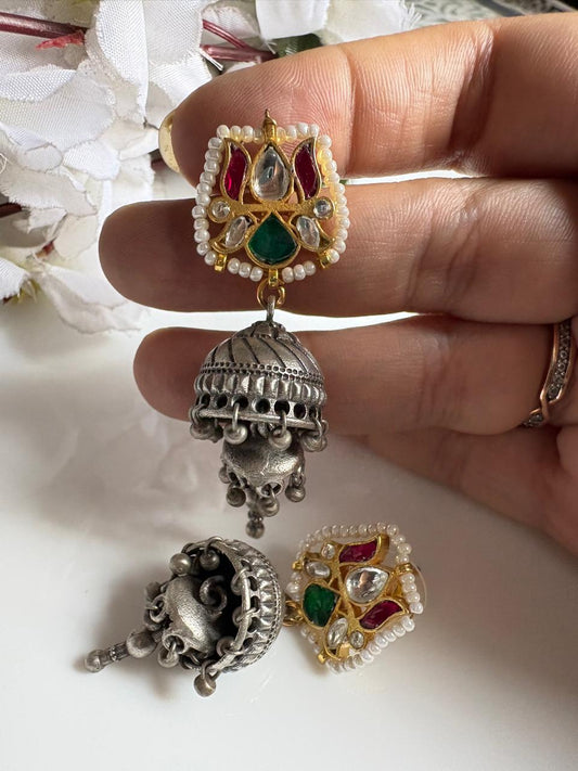 Varnika SLA Kundan Fusion Jhumka Earrings – Dual Tone Silver Look Alike Traditional Jhumki for Women