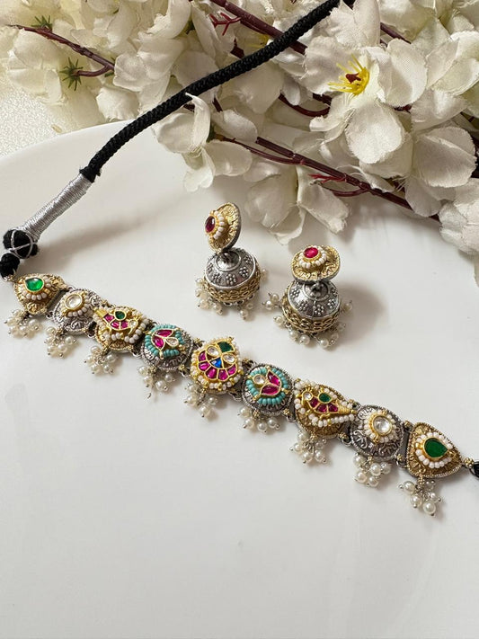 Mayurika Limited Edition Dualtone Kundan Choker Set with Statement Jhumkis