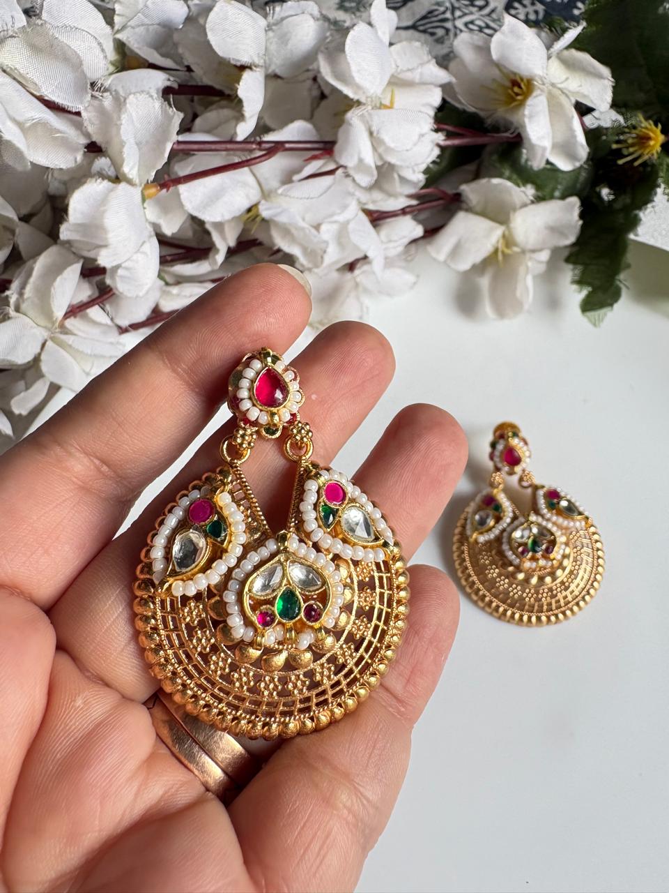 Meher Gold Matt Kundan Chandbali Earrings | Traditional Gold Polish Statement Earrings