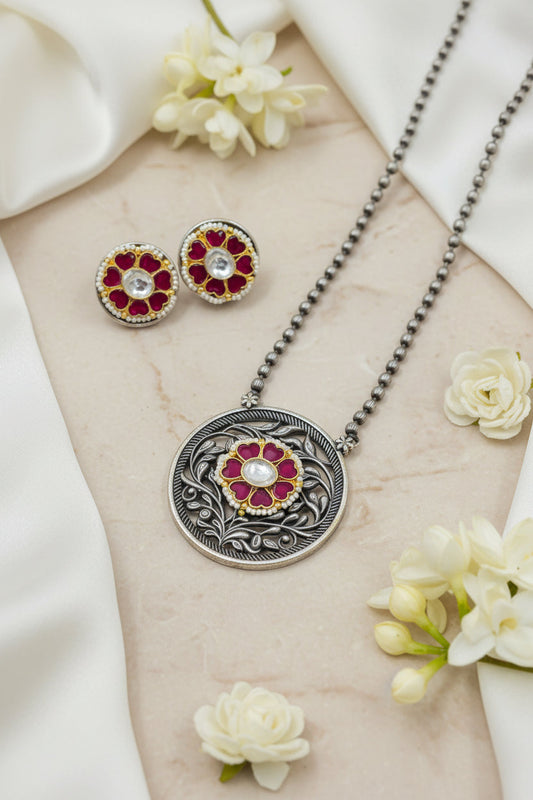 Pushpika German Silver Pendant Set with Pink Kundan Fusion Earrings
