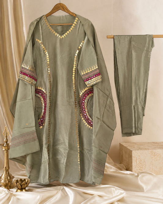 Aavriti Gulabika Pastel Tissue Silk Stitched Suit Set with Handwork, Organza Dupatta & Silk Pants