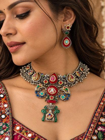 Rajhansini Rangika Multicolour Kundan Meenakari Necklace Set with Matching Earrings |  Silver Indian Jewellery