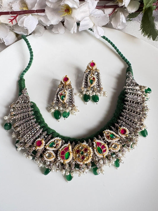 Vanyara Premium Kundan Fusion Thread Choker Necklace Set | SLA Dual Tone Jewellery with Earrings