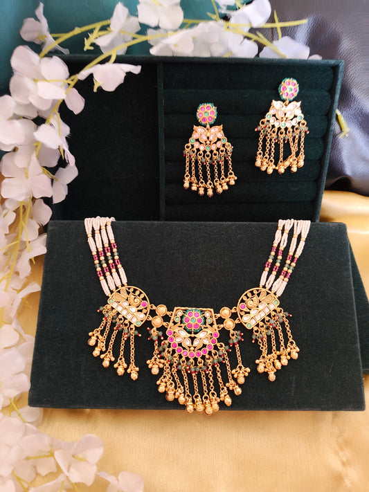 Rangmahal Meenakari Necklace Set | Premium Antique Gold Beaded Statement Necklace with Earrings