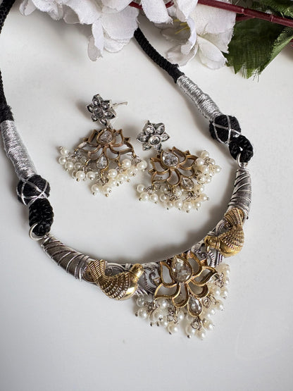 Mayurika Dualtone Thread Necklace Set with Lotus Pendant & Earrings