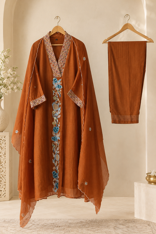 Aavriti Neelambara Rust Mul Chanderi Stitched Suit Set with Designer Neck, Hand Embroidery & Silk Pants