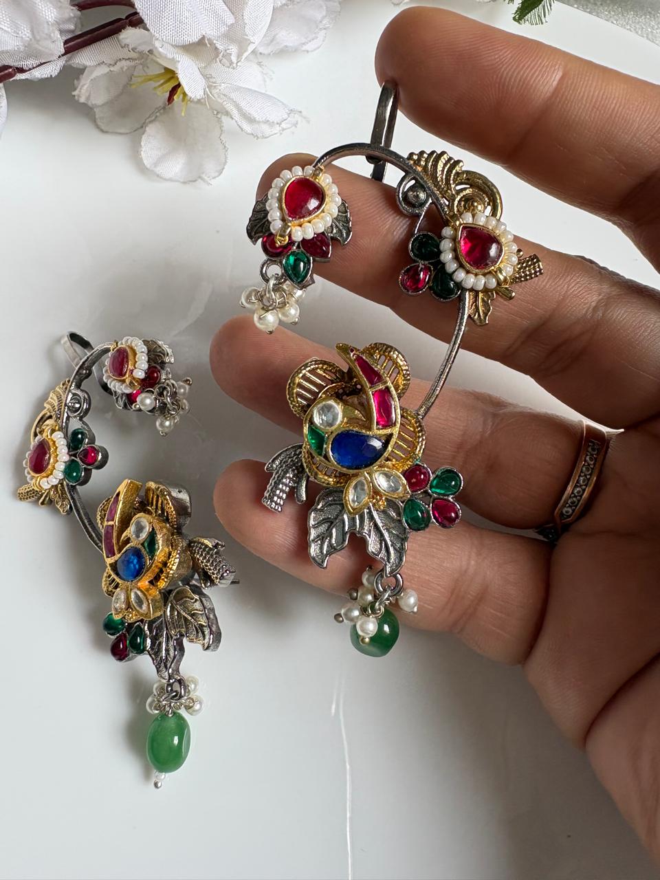 Rangoli Dualtone Pachi Kundan Earcuffs| Dualtone Pachi Kundan Fusion SLA Earcuffs with Crystals | Rangoli