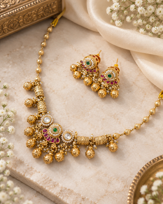 Vaidehi Jadtar Kundan Haar | Minimalist Jadtar Kundan Necklace Set with Matching Earrings | Traditional Gold Finish Indian Jewellery