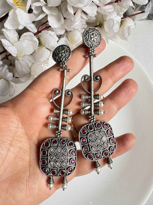 Premium Oxidised Long Stone Earrings for Women | Statement Traditional Dangler Earrings | Ethnic Jewellery