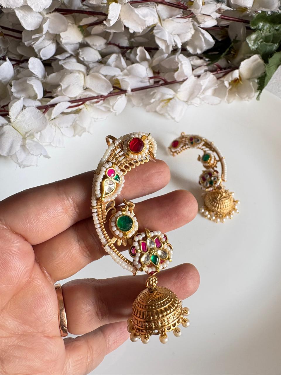 Temple Kundan Long Ear Cuffs with Pearl Lining & Antique Gold Jhumka | Designer Bridal Statement Earrings | Alankrent Luxe by Alankrent